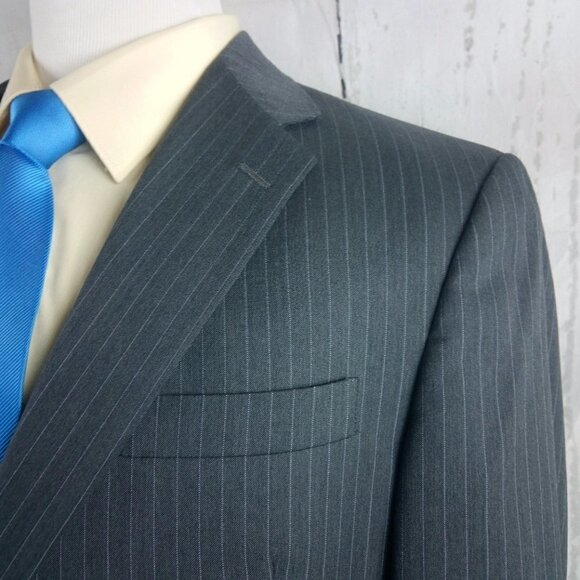 Hart schaffner Marx Gold Trumpeter 44R Wool Gray Striped Suit Blazer Jac…